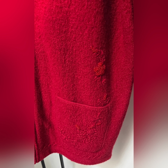 Vintage Conrad C 100% Wool Deep Red Full Zip Pocket Open Hand Beaded Cardigan - Picture 14 of 14
